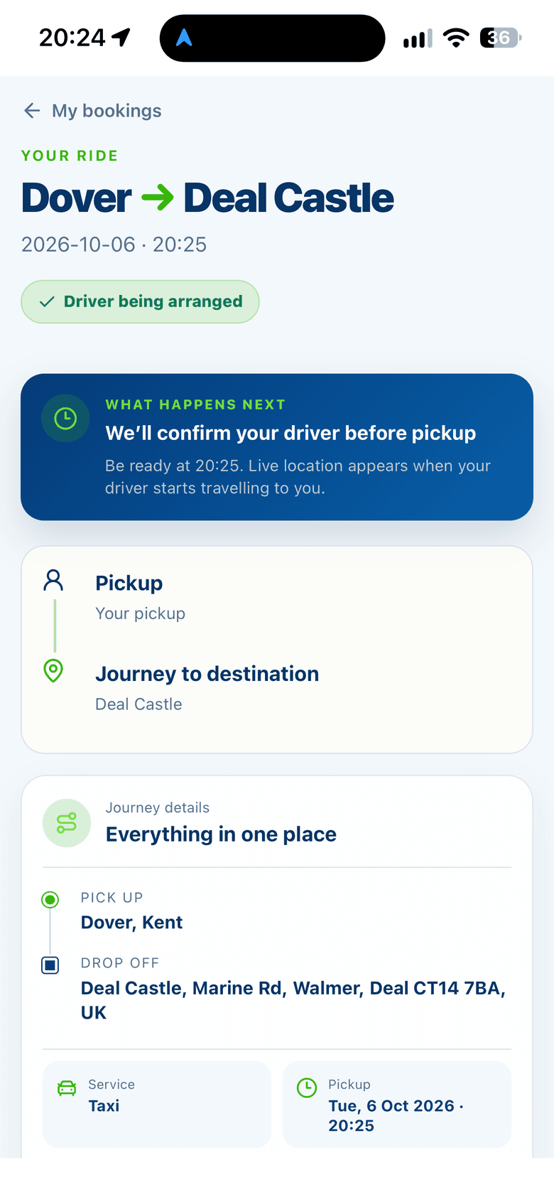 Journey screen while the driver is being arranged